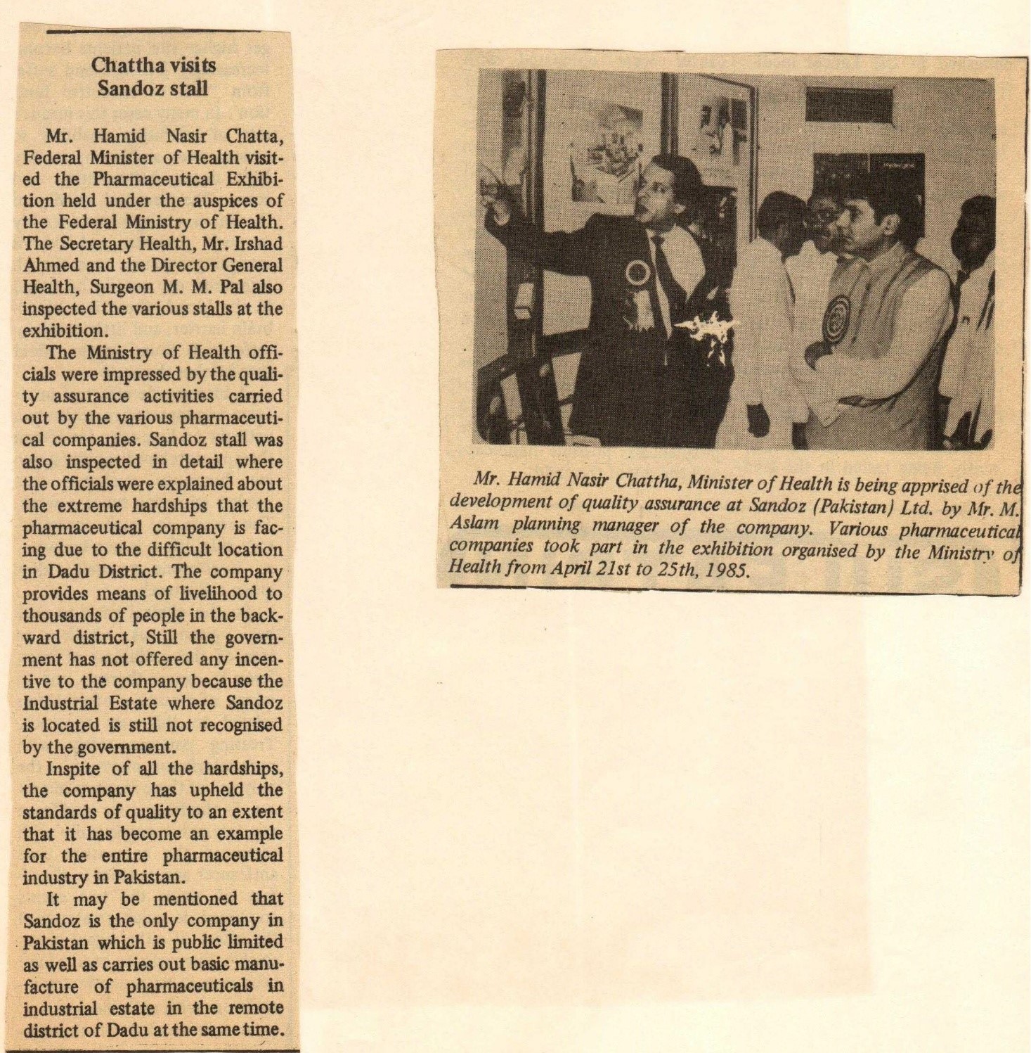 1985 publication documenting the Federal Minister of Health's visit to the Sandoz exhibition